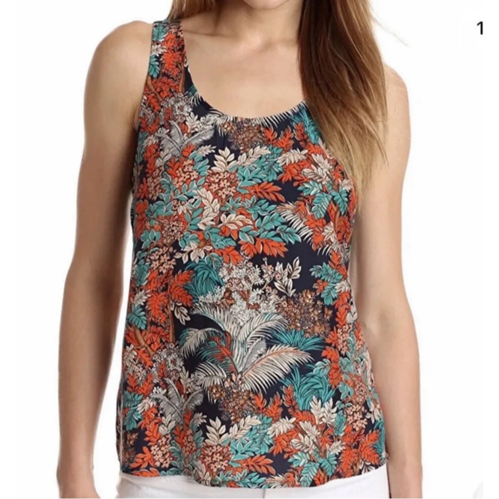 Lucky Brand Tropical Jungle Print Silk Floral Top Scoop Neck size M